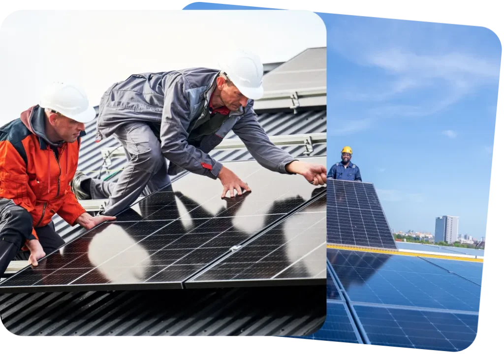 Collage of workers installing solar panels.
