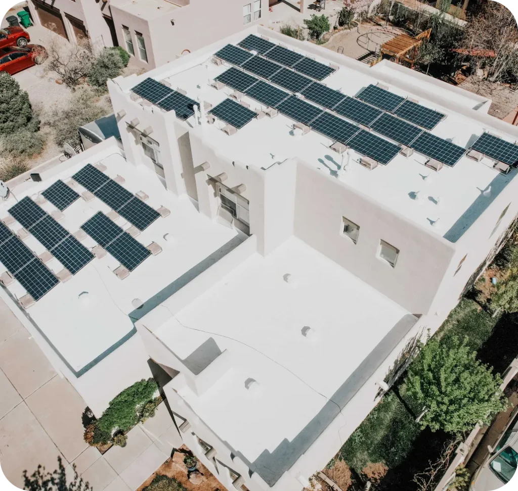 Office building with solar panels.