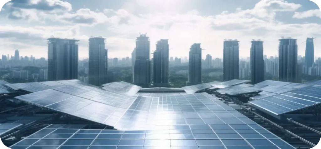 Futuristic city with solar panels in foreground.