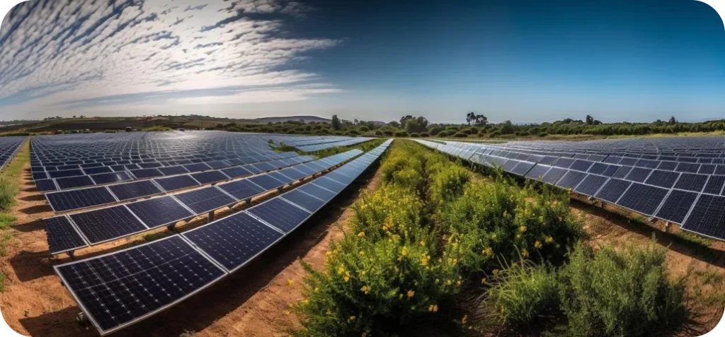 Field full of solar panels.